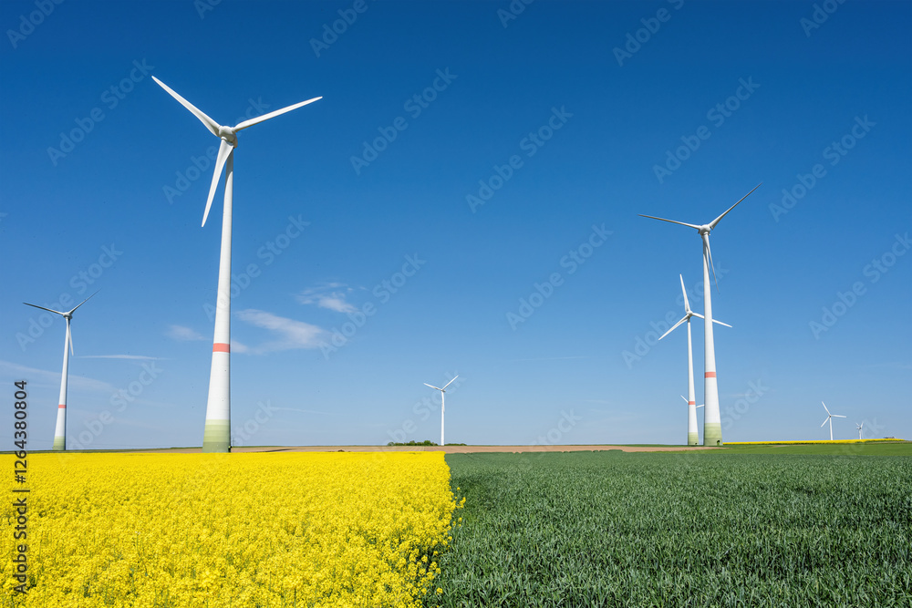 Wind turbines with green and yellow fields seen in Germany Wind turbines with green and yellow fields seen in Germany