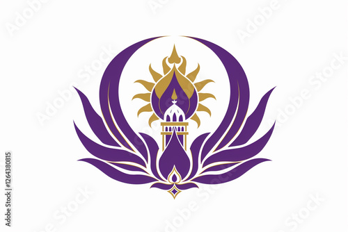 Medieval fantasy emblem with Arabian elements: a Djinn, sun and moon motifs, and classic Arabian buildings. Designed in 2D flat style with white and purple tones, no shading