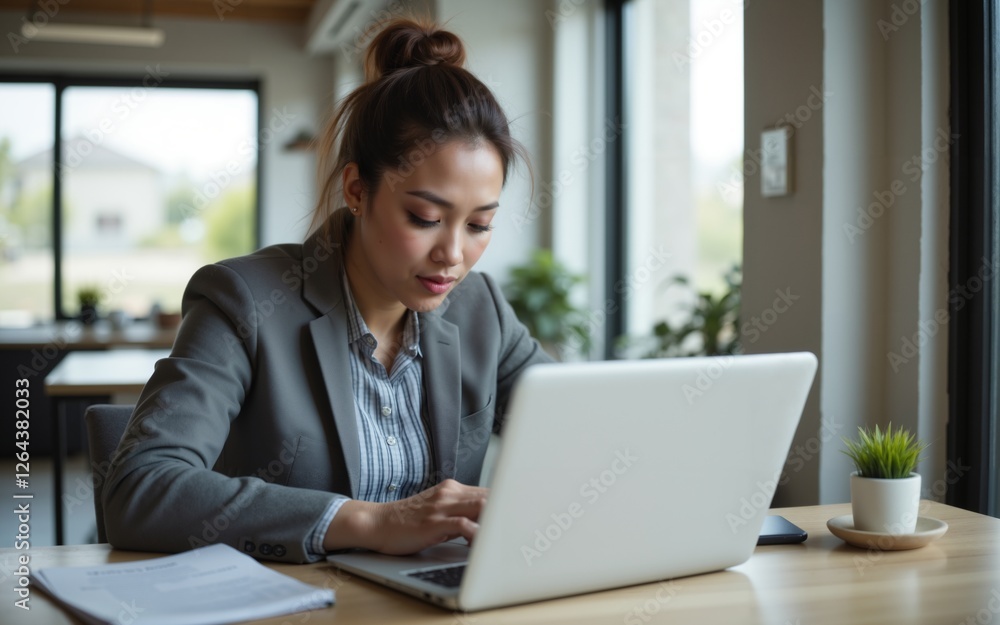 A professional woman working diligently on her laptop in a modern office setting filled with greenery. A professional woman working diligently on her laptop in a modern office setting filled with greenery.