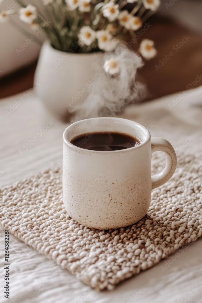 Cup of steamy hot black coffee with warm steam cloud in a white mug