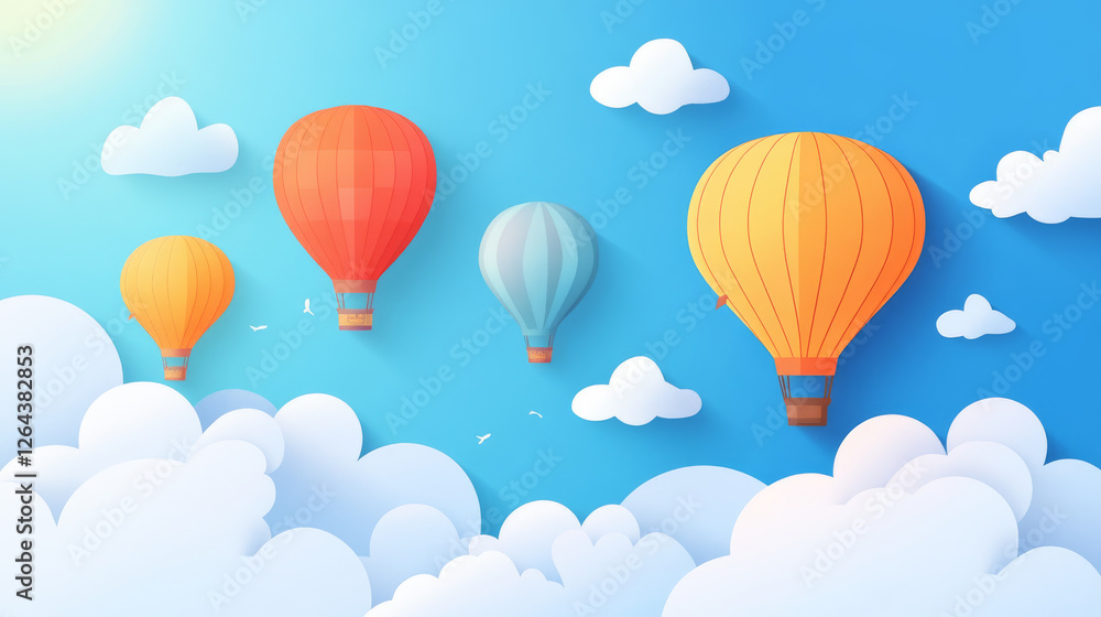Naklejka premium 3d isolated hoy air balloon basket travel illustration on transparent background. Realistic aerostat set in red, blue and yellow stripe for adventure and recreation. Summer ballooning leisure journey