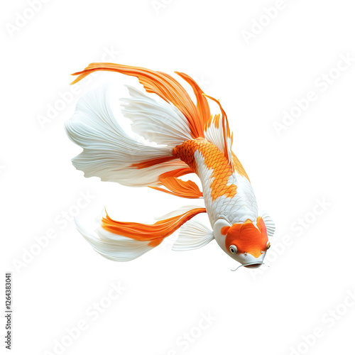 Elegant Orange and White Koi Fish in Motion, Isolated on on white background