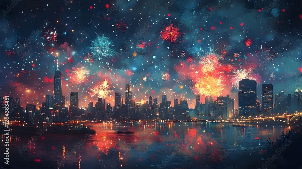 Fototapeta premium Mesmerizing fireworks exploding in a symphony of colors against the backdrop of a majestic city skyline creating a captivating and in the night sky