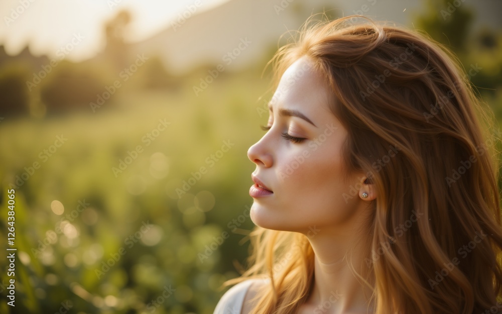 A serene woman stands in a sunlit field, exuding calm beauty and peaceful contemplation. A serene woman stands in a sunlit field, exuding calm beauty and peaceful contemplation.