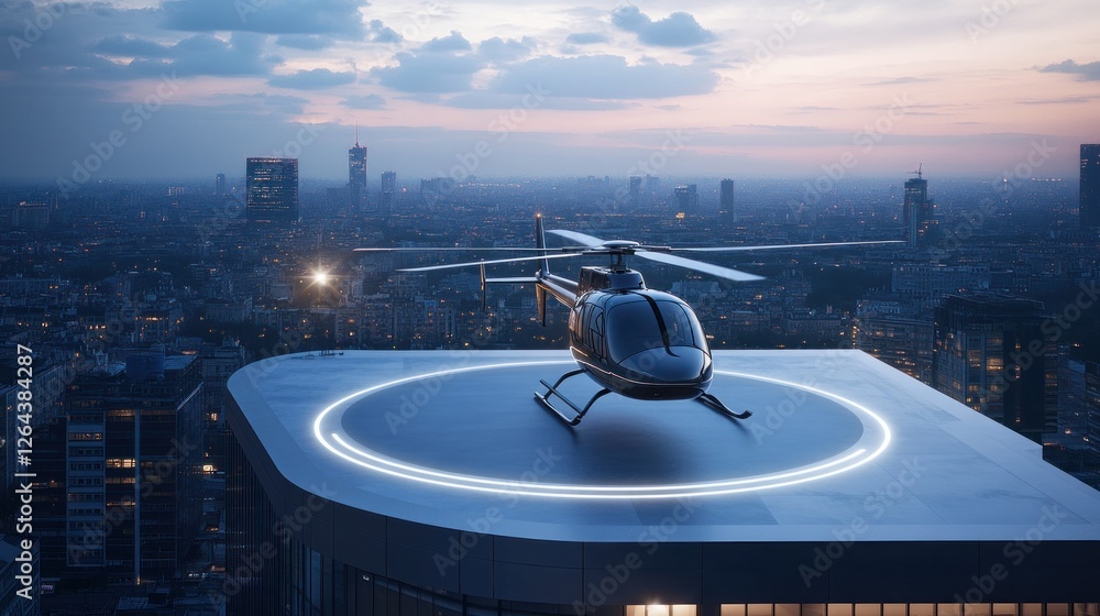 Night City Helicopter Landing: Futuristic Aerial View Night City Helicopter Landing: Futuristic Aerial View