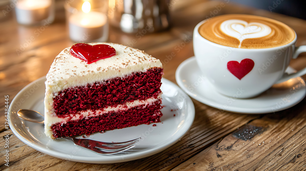 wooden table features cappuccino with heart art and slice of red velvet cake, creating cozy atmosphere wooden table features cappuccino with heart art and slice of red velvet cake, creating cozy atmosphere