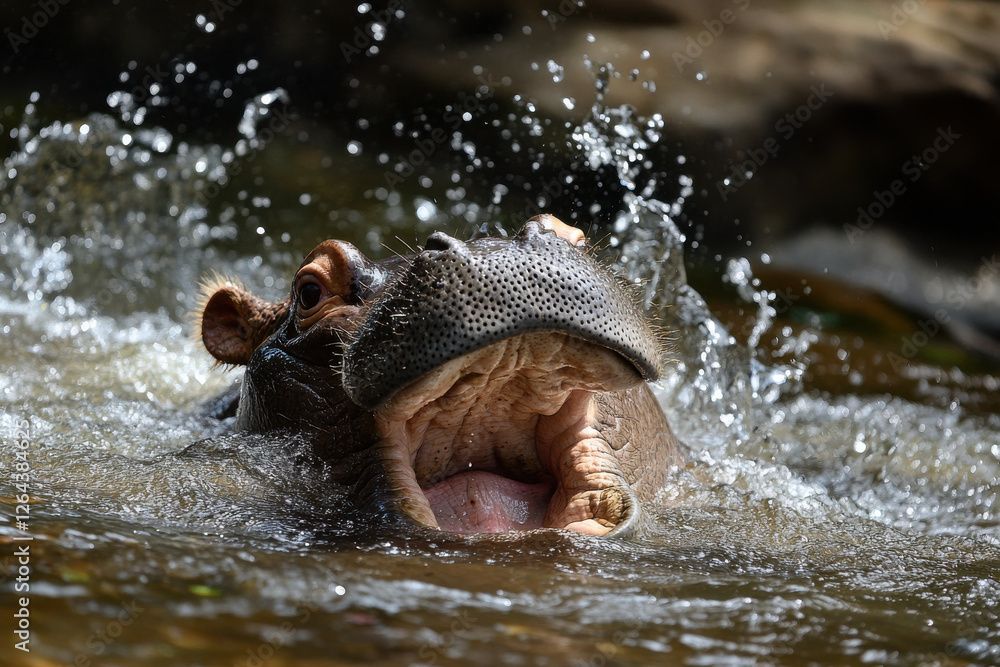 Fototapeta premium Hippo open muzzle in river water