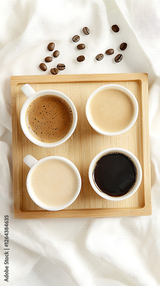 wooden tray with four cups of coffee in different colors, surrounded by coffee beans, creates cozy atmosphere wooden tray with four cups of coffee in different colors, surrounded by coffee beans, creates cozy atmosphere