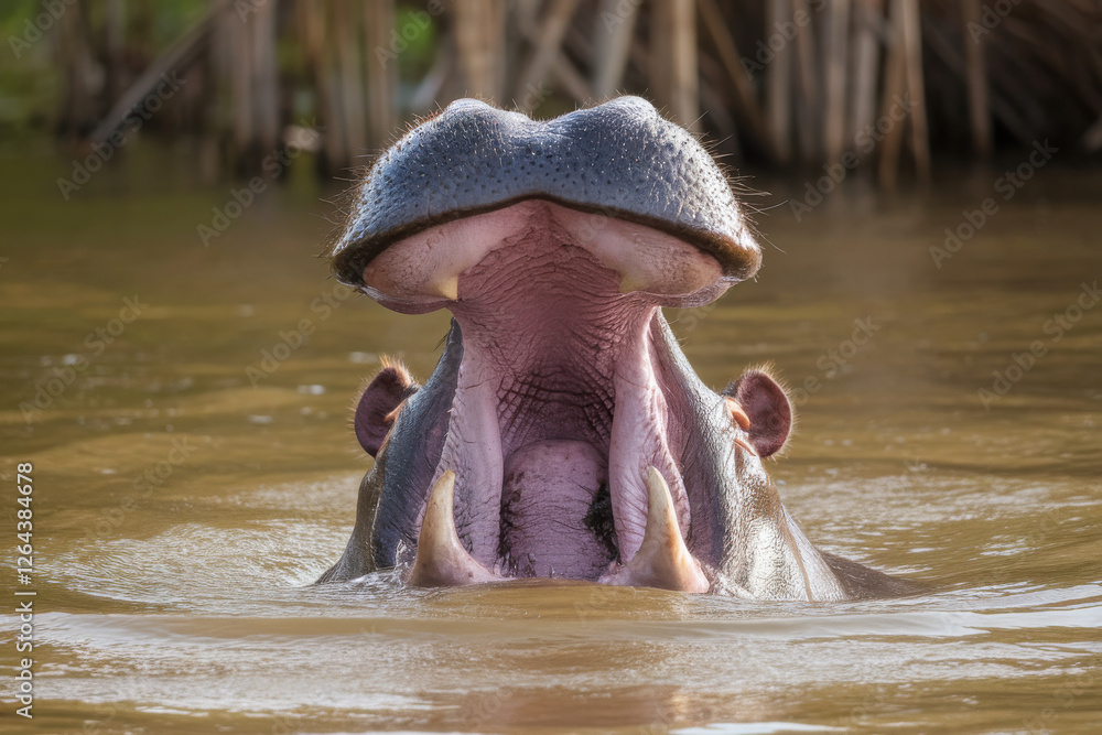 Fototapeta premium Hippo open muzzle in river water