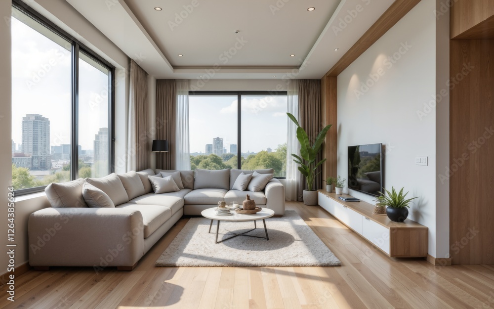 Bright and modern living room featuring large windows, a cozy sofa, and stylish decor. Bright and modern living room featuring large windows, a cozy sofa, and stylish decor.