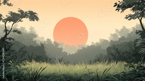 Serene Sunset Landscape: Tranquil Forest Silhouette at Golden Hour