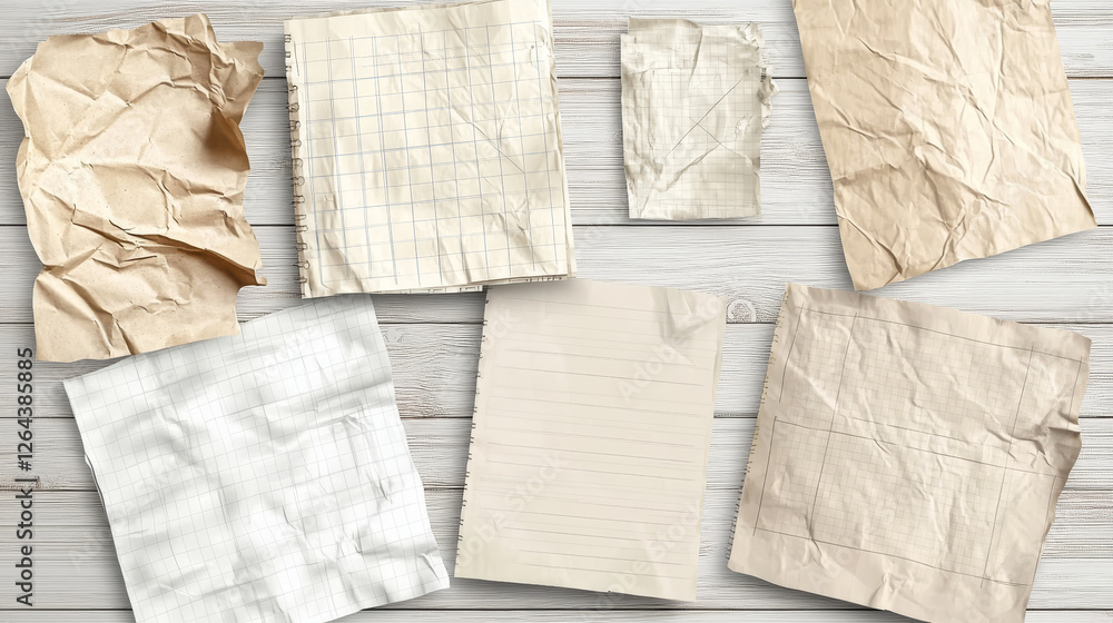 Obraz premium Notebook paper sheets set isolated on transparent background. Vector realistic illustration of blank white checkered and lined pieces with crumpled wrinkled texture, memory notes, message notepaper