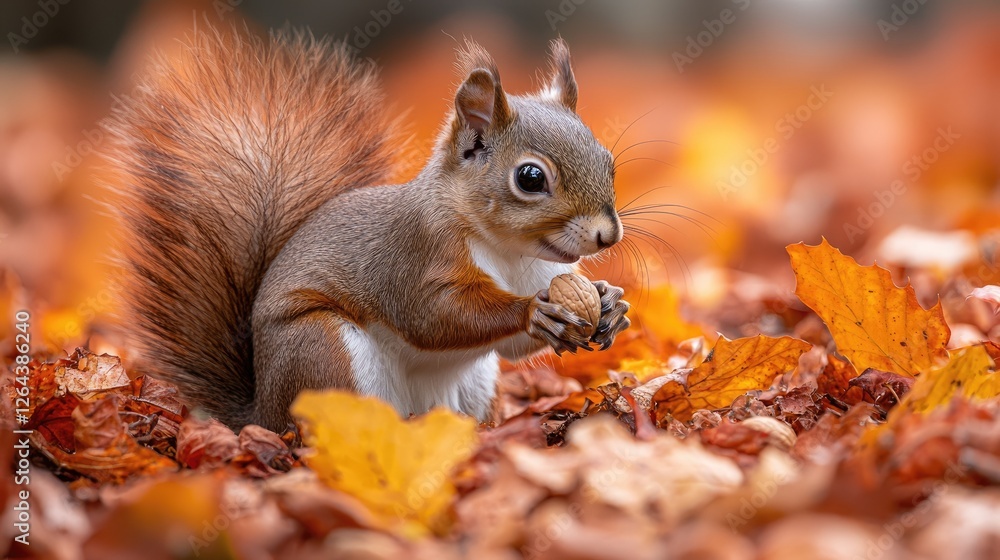 A curious squirrel holds a walnut amidst vibrant autumn leaves in a serene forest setting A curious squirrel holds a walnut amidst vibrant autumn leaves in a serene forest setting