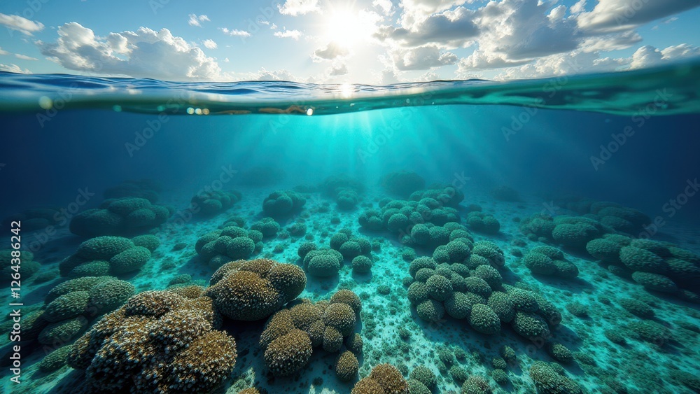 Fototapeta premium Split view of coral reef underwater with sunlight rays and ocean surface 