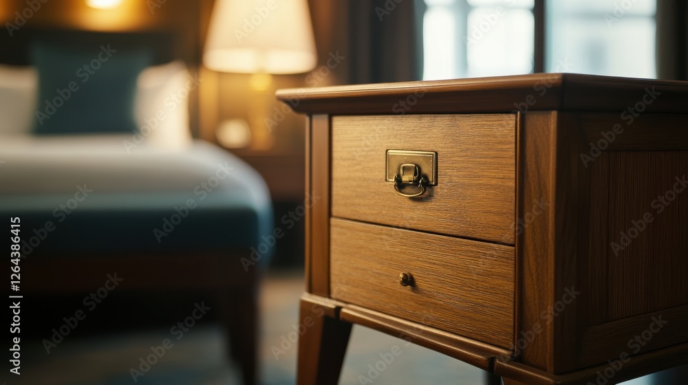 Valokuva Wooden nightstand in focus with blurred hotel room decor in the background