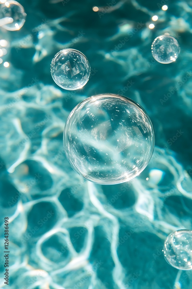 Enchanting Floating Bubbles in Crystal-Clear Teal Waters Symbolizing Freshness and Hygiene Enchanting Floating Bubbles in Crystal-Clear Teal Waters Symbolizing Freshness and Hygiene