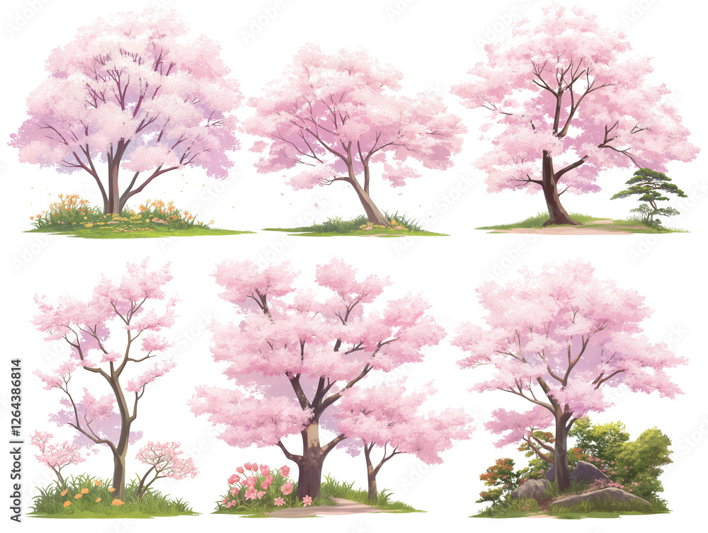 Obraz premium 日本の春を彩る桜の木|アート風イラスト素材