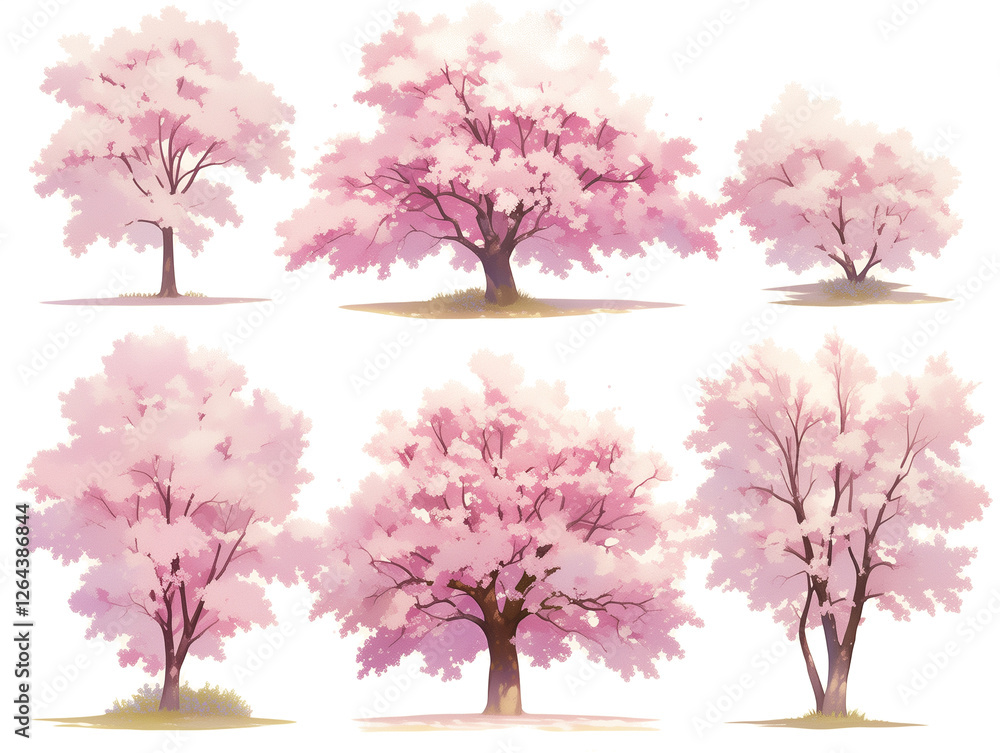 Obraz premium 透過PNG｜春らしい桜の木のイラスト素材セット