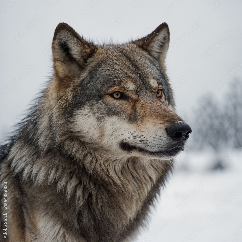 Fototapeta premium A regal wolf with thick gray fur looking forward, standing proudly on a white backdrop.