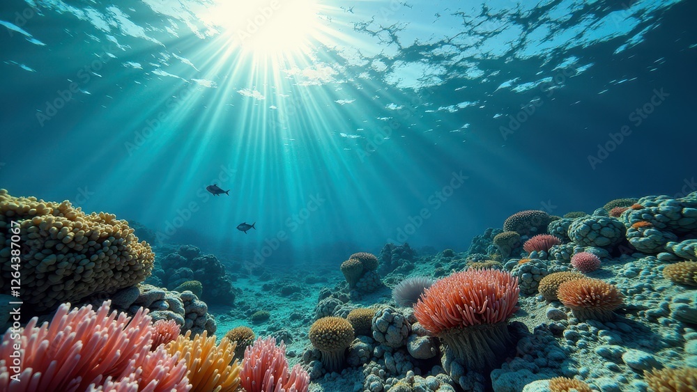 Fototapeta premium Split view of coral reef underwater and tropical ocean with clear water