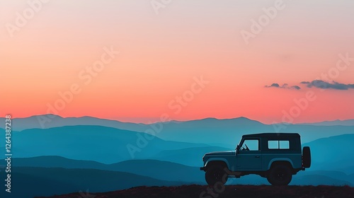 Vintage Off-Road Vehicle Silhouette Against Colorful Sunset Sky photo