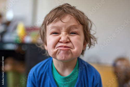 Child puffing out cheeks in a playful, exaggerated expression photo