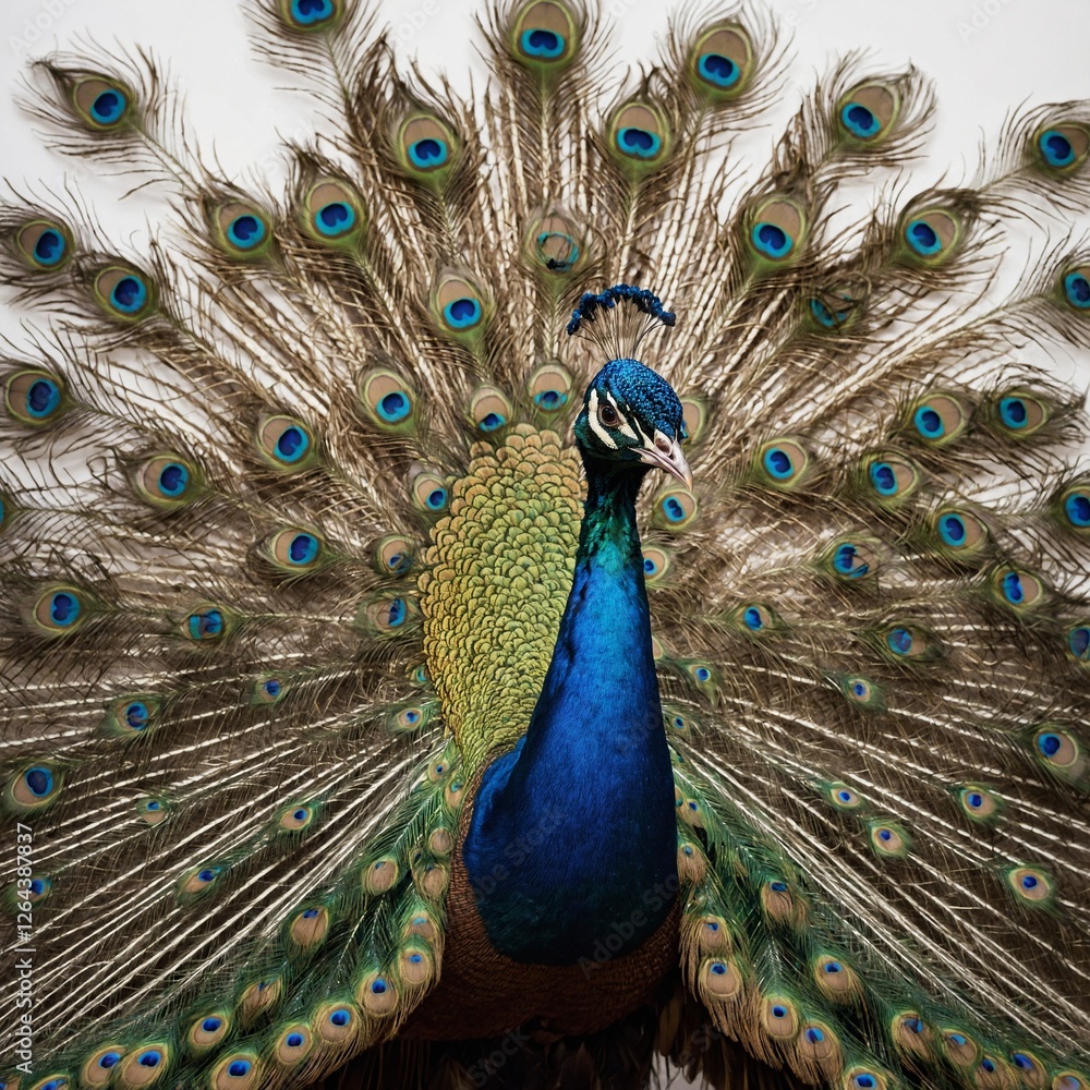 Fototapeta premium A stunning peacock displaying its iridescent tail in full splendor against a white background.