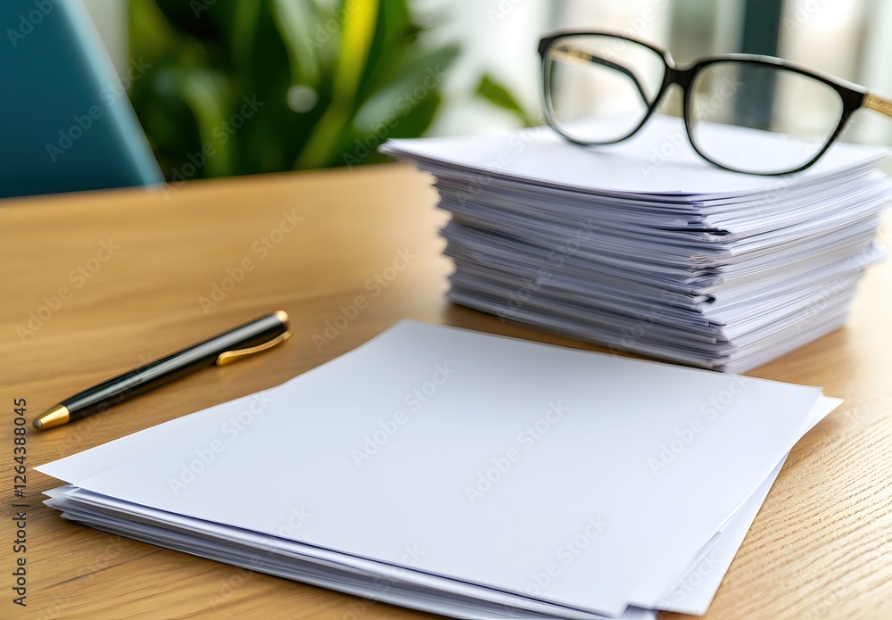Stacks of Paper and Glasses on a Wooden Desk in an Office Setting Stacks of Paper and Glasses on a Wooden Desk in an Office Setting