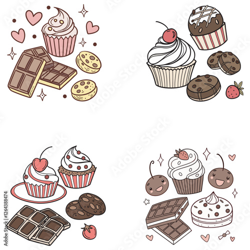 Carton-style vector, set of chocolate sweets. All uses of chocolate. Cocoa bean in cooking. Delicious food, cheat meal day vector illustration.