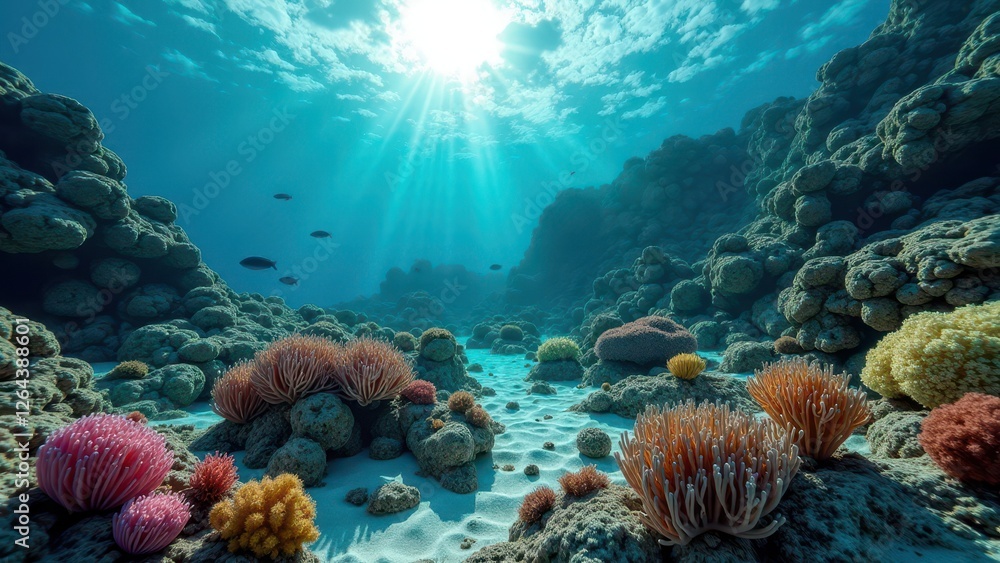 Obraz premium Split view of coral reef underwater and tropical beach with clear water 