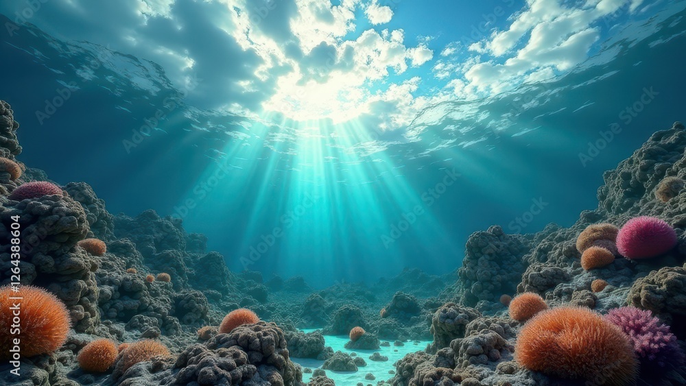 Obraz premium Split view of coral reef underwater and tropical beach with clear water 