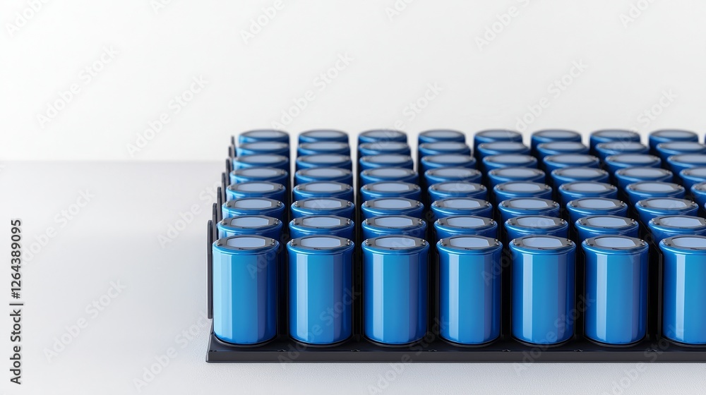 Renewable energy decarbonization concept. Array of blue cylindrical objects on a flat surface.