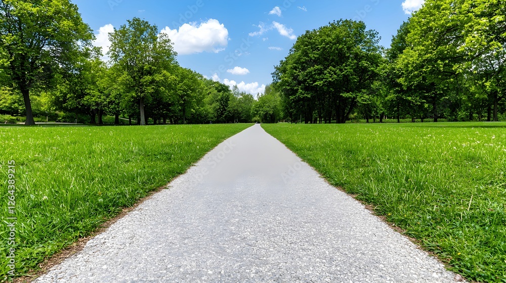 Serene Pathway Through Lush Green Park Under Clear Blue Sky Serene Pathway Through Lush Green Park Under Clear Blue Sky