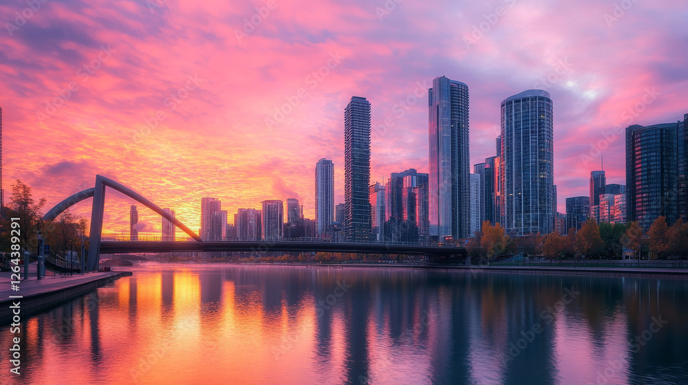 Naklejka premium Sunrise in modern city, urban skyline with sun rising above skyscraper buildings, view from bridge. Morning metropolis cityscape with road and houses, town architecture, Cartoon vector illustration