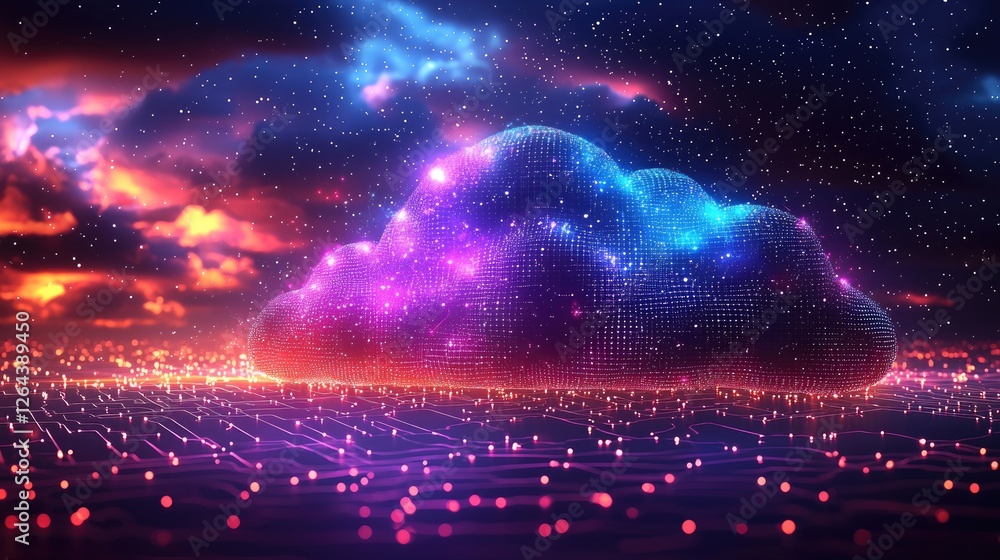 Obraz premium Colorful digital cloud floating above a shimmering landscape with vibrant cosmic patterns