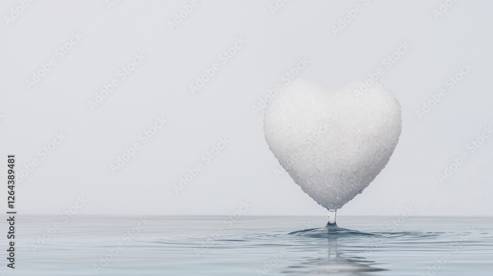 Fototapeta premium Melting ice heart dripping a single water droplet onto a calm surface against a clean white background.