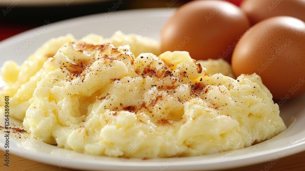 Creamy scrambled eggs garnished with seasonings, served with whole eggs on a plate, This appetizing dish is perfect for breakfast menus, culinary blogs, or meal prep visuals, Creamy scrambled eggs garnished with seasonings, served with whole eggs on a plate, This appetizing dish is perfect for breakfast menus, culinary blogs, or meal prep visuals,