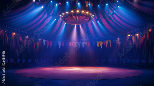 Circus arena, round stage for performance, carnival show. Vector cartoon empty interior inside of cirque tent with scene, seats, flags and searchlights