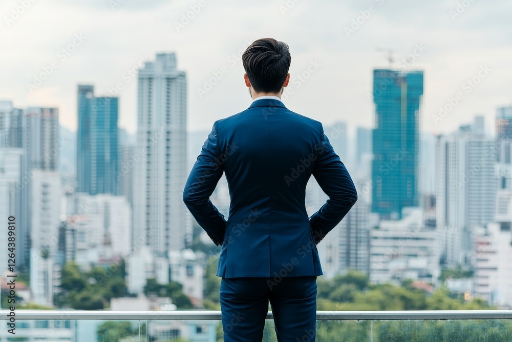 Climbing corporate ladder concept. Businessman overlooking city skyline in a suit. Climbing corporate ladder concept. Businessman overlooking city skyline in a suit.