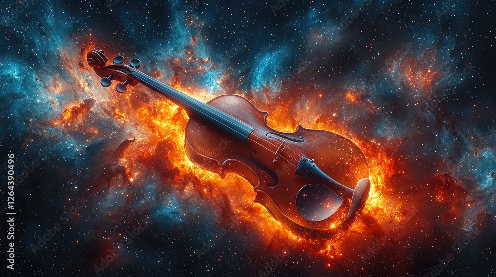 Fototapeta premium A surreal depiction of a violin floating in a cosmic nebula, blending music and space