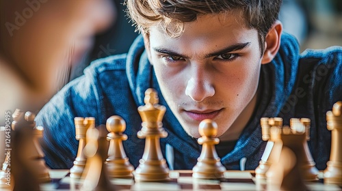 Teen playing chess with a friend, close-up on strategic moves and focused expressions, soft lighting reflects the intellect in youth hobbies