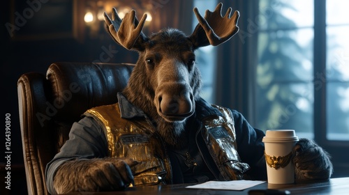 A moose character dressed in a stylish vest sits confidently at a desk, holding a coffee cup, in a warmly lit office, This unique image can be used for whimsical branding, advertising photo