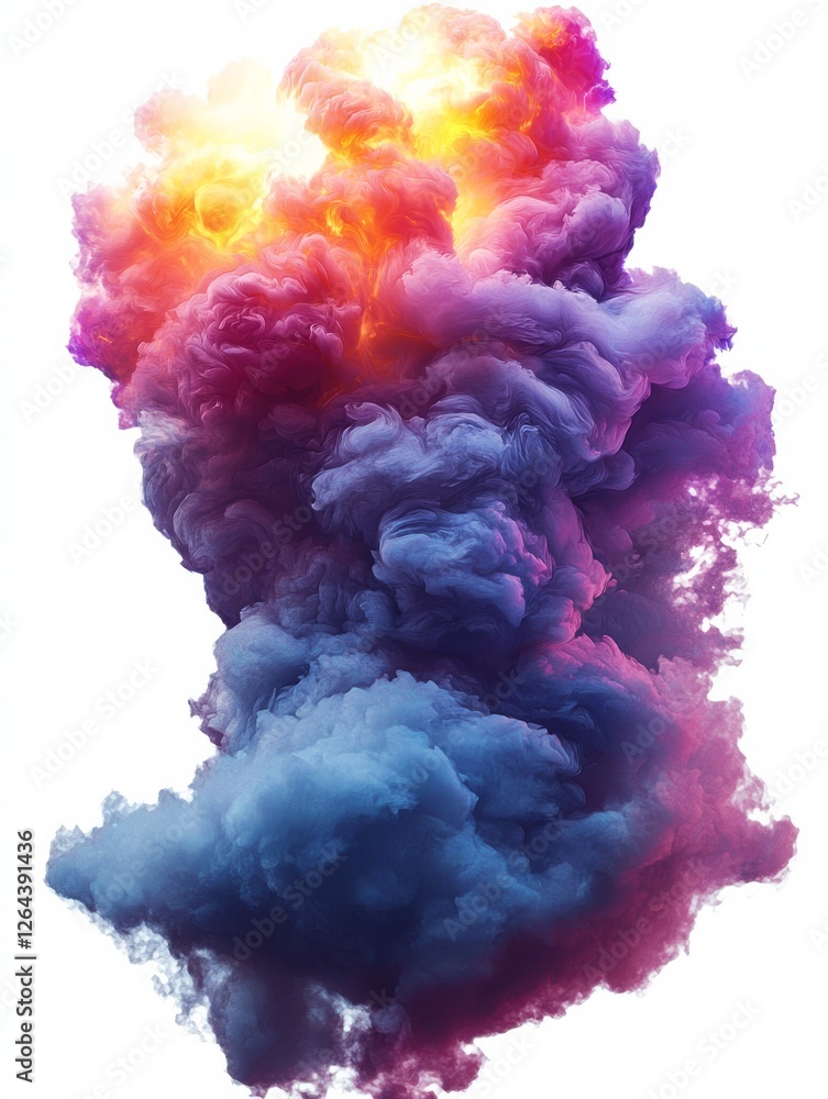 Fototapeta premium A vibrant explosion of colorful smoke billows upwards, blending shades of purple, blue, and orange, creating a dramatic visual effect.