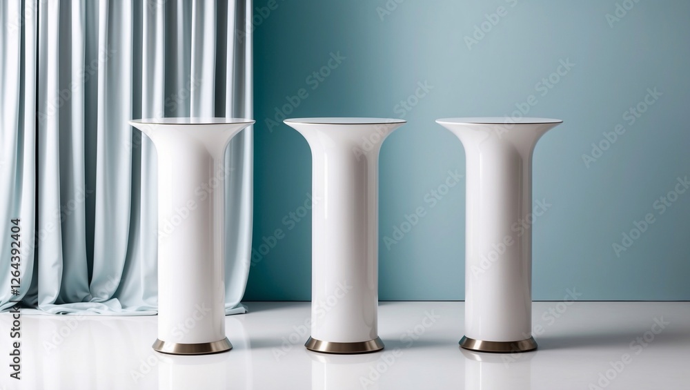 Three white cylindrical podiums sit against a light blue backdrop with draped fabric Three white cylindrical podiums sit against a light blue backdrop with draped fabric