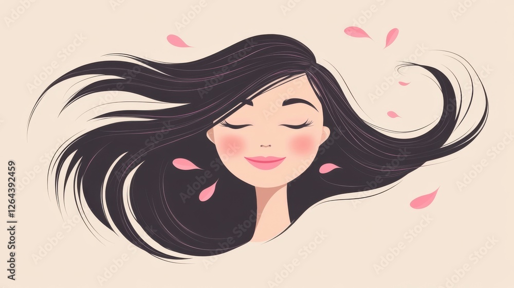 Stylized flat illustration of a smiling woman with flowing hair. Stylized flat illustration of a smiling woman with flowing hair.