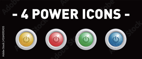 3D colorful power button icon illustration set realistic on/off switch vector collection isolated on black background for finger push to start