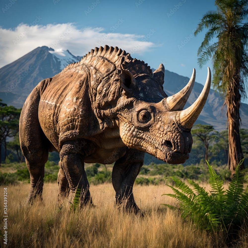 Fototapeta premium Majestic Triceratops Grazing on Prehistoric Plains
