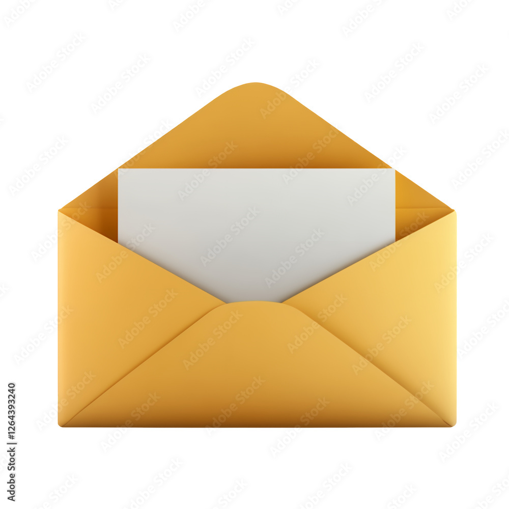Open Yellow Envelope with White Letter . Isolated on transparent background Open Yellow Envelope with White Letter . Isolated on transparent background