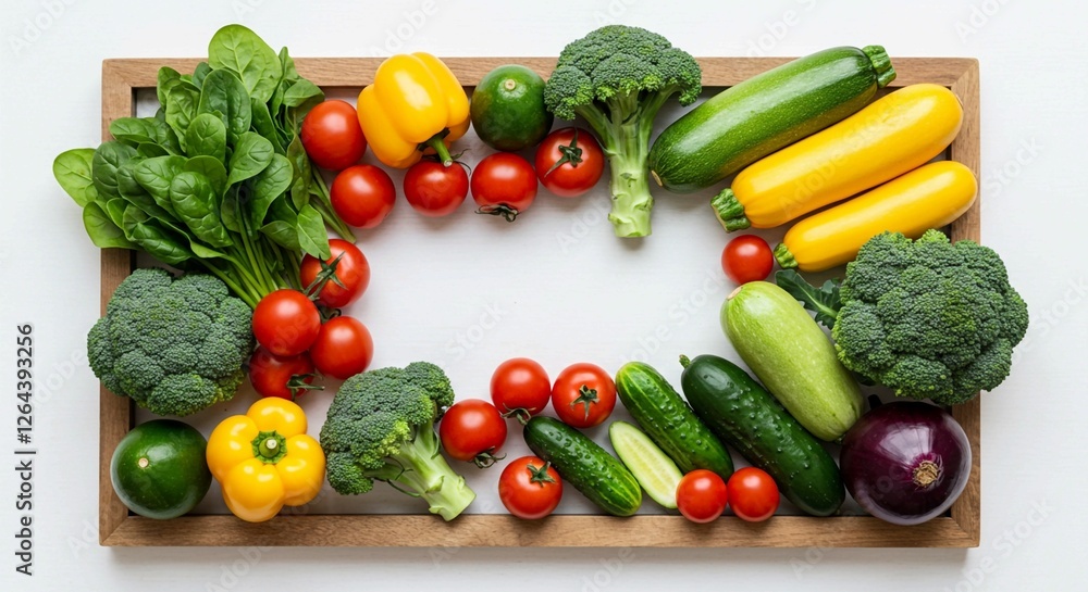 This top-down view of a vegetable frame highlights the colorful assortment of fresh produce, including lettuce, bell peppers, tomatoes, and green beans, arranged around a rustic wooden frame This top-down view of a vegetable frame highlights the colorful assortment of fresh produce, including lettuce, bell peppers, tomatoes, and green beans, arranged around a rustic wooden frame