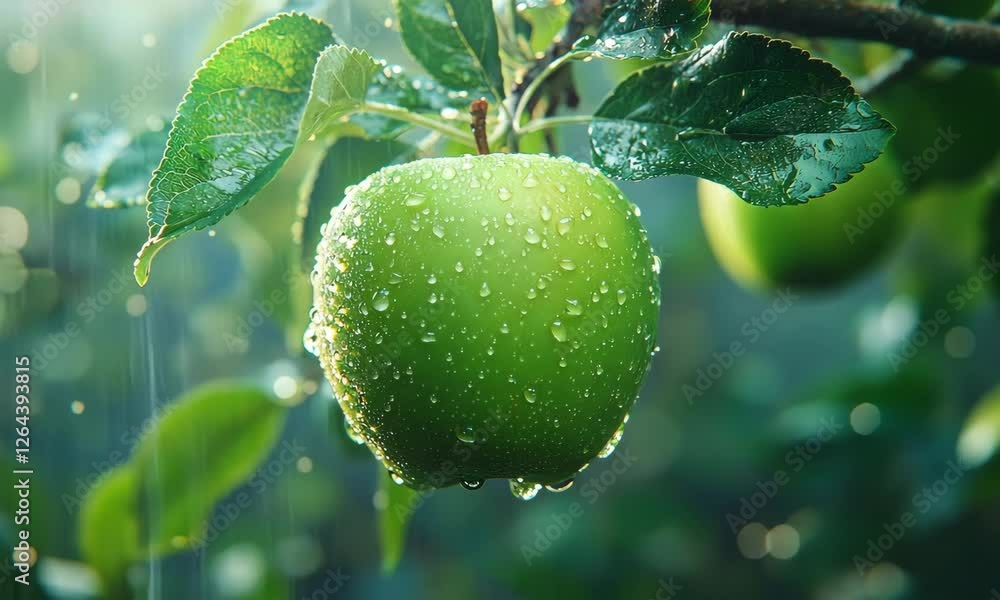 Green Apple with Water Droplets on Branch